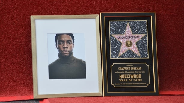 A portrait of late US actor Chadwick Boseman is seen during his posthumous Hollywood Walk of Fame Star ceremony in Los Angeles