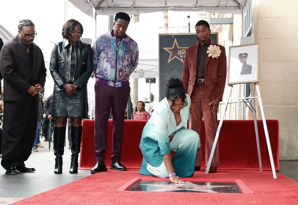 HOLLYWOOD, CALIFORNIA - NOVEMBER 20: (L-R) Ryan Coogler, Viola Davis, Derrick Boseman, Taylor Simone Ledward and Kevin Boseman attend as Actor Chadwick Boseman is honored with a Posthumous Star on the Hollywood Walk of Fame on November 20, 2025 in Hollywood, California. (Photo by Matt Winkelmeyer/Ge
