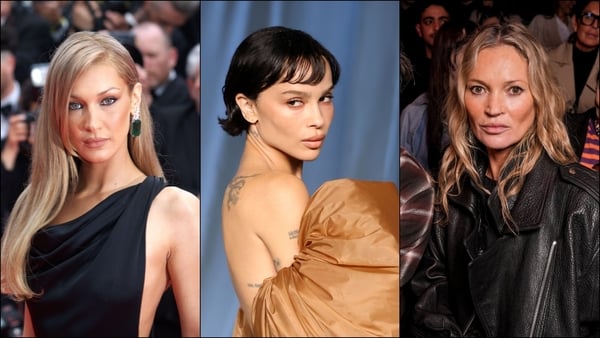 A collage of Bella Hadid, Zoe Kravitz and Kate Moss