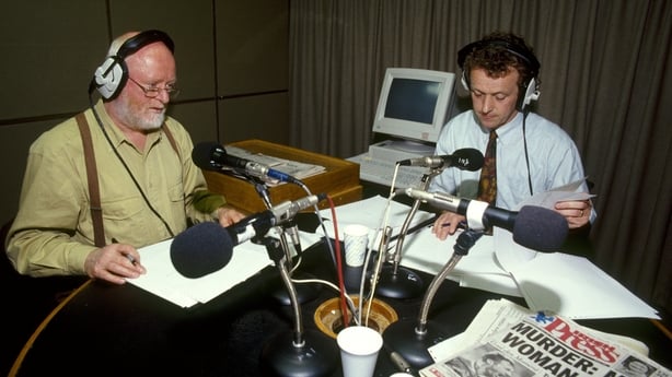 RTÉ broadcasters David Hanly and Joe Little, in the RTÉ Radio studio during a broadcast of 'Morning Ireland', in 1990