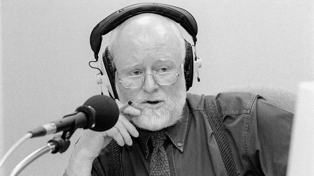Broadcaster and journalist David Hanly at a studio microphone in the RTÉ Radio Centre circa May 2000