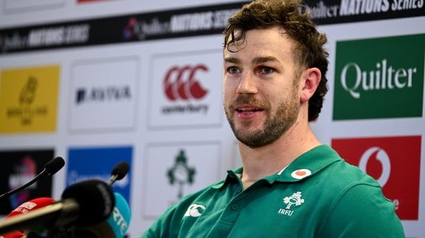 21 November 2025; Caelan Doris during an Ireland Rugby media conference at the Aviva Stadium in Dublin. Photo by Ramsey Cardy/Sportsfile