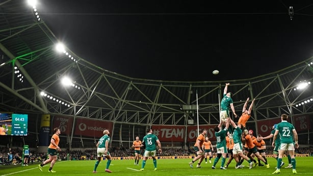 15 November 2025; A general view of a lineout during the Quilter Nations Series 2025 match between Ireland and Australia at the Aviva Stadium in Dublin. Photo by Ramsey Cardy/Sportsfile