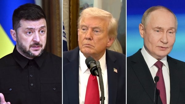 Head shots of Volodymyr Zelensky, Donald Trump and Vladimir Putin