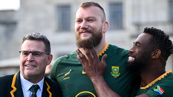 21 November 2025; Head coach Rassie Erasmus, left, with RG Snyman and Siya Kolisi at the taking of a squad photograph at Radisson Blu St Helen's Hotel before the South Africa rugby captain's run at UCD Bowl in Dublin. Photo by Piaras Ó Mídheach/Sportsfile
