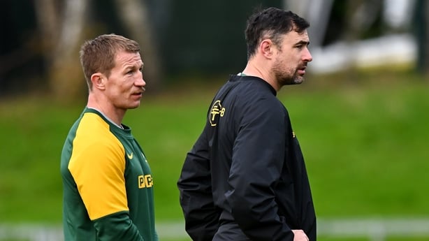 21 November 2025; Defence coach Jerry Flannery, left, and assistant coach Felix Jones during a South Africa rugby captain's run at UCD Bowl in Dublin. Photo by Piaras Ó Mídheach/Sportsfile