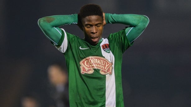 A dejected Chiedozie Ogbene of Cork City after the final whistle in the UEFA Youth League match between Cork City and AS Roma at Turners Cross in Cork. 
