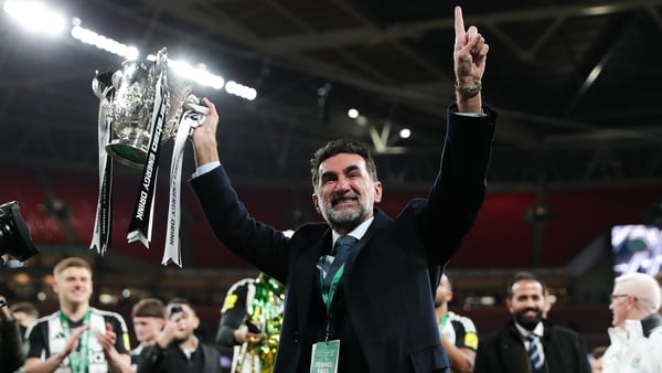 Yasir Al-Rumayyan, chairman of Newcastle United and governor of the Saudi Arabian Public Investment Fund, celebrates with the Carabao Cup trophy after the Carabao Cup Final between Liverpool and Newcastle United at Wembley Stadium on March 16, 2025 in Lon
