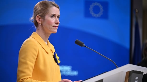 Kaja Kallas makes a speech at a press conference in Brussels, Belgium