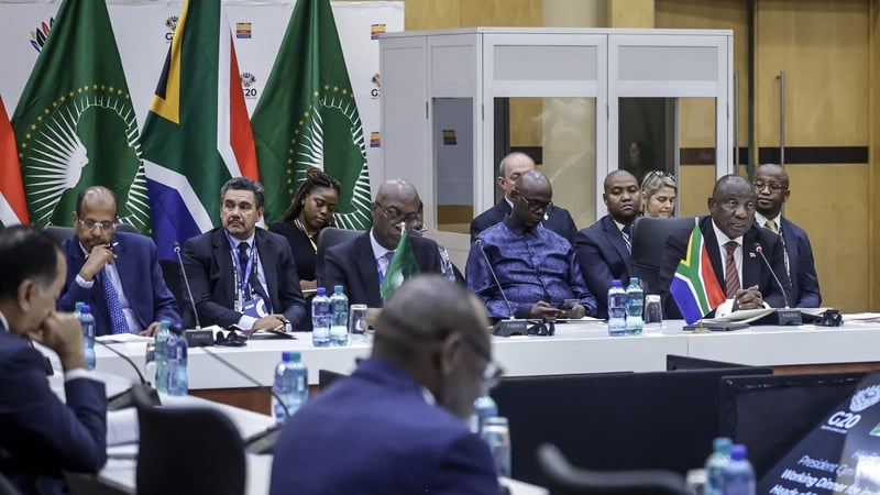 South Africa's President Cyril Ramaphosa (second right) delivers remarks during a working dinner ahead of the G20 leaders' Summit
