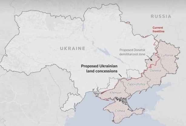 A map shows proposed US peace plan which sees large swathes of Ukraine to be in Russian control