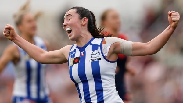 Blaithin Bogue of the Kangaroos celebrates a goal during the 2025 AFLW First Preliminary Final match between the North Melbourne Tasmanian Kangaroos and the Melbourne Demons at Ikon Park on November 22, 2025 in Melbourne, Australia.