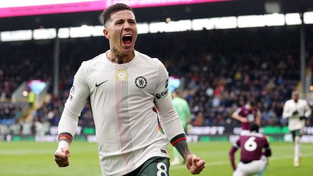 Enzo Fernandez of Chelsea celebrates scoring his team's second goal during the Premier League match between Burnley and Chelsea at Turf Moor on November 22, 2025 in Burnley, England. (Photo by Carl Recine/Getty Images)