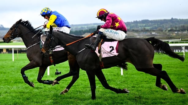 22 November 2025; Oscars Brother, with Daniel King up, left, alongside Koktail Divin, with Darragh O'Keeffe up, on their way to winning the Boodles Florida Pearl Novice Steeplechase during day one of the Punchestown Premiere Weekend at Punchestown Racecourse in Kildare. Photo by Shauna Clinton/Sport