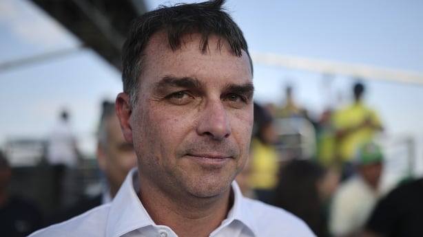 BRASILIA, BRAZIL - OCTOBER 07: The son of Brazil's former President Jair Bolsonaro, Senator Flavio Bolsonaro, seen as supporters of his father, who was sentenced by the Supreme Court for leading a coup attempt and is under house arrest, protest calling for amnesty for those imprisoned over the Janua