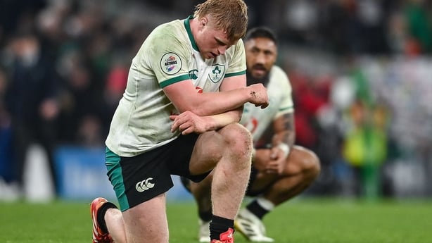22 November 2025; Paddy McCarthy of Ireland, front, and teammate Bundee Aki after the Quilter Nations Series 2025 match between Ireland and South Africa at the Aviva Stadium in Dublin. Photo by David Fitzgerald/Sportsfile