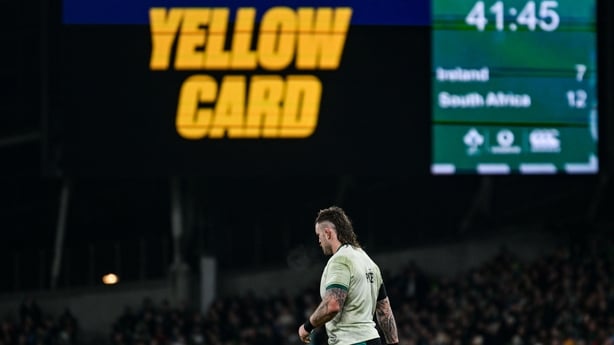 22 November 2025; Andrew Porter of Ireland leaves the pitch after being shown a yellow card during the Quilter Nations Series 2025 match between Ireland and South Africa at the Aviva Stadium in Dublin. Photo by Ramsey Cardy/Sportsfile