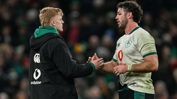 22 November 2025; Tommy O'Brien, left, and Caelan Doris of Ireland after the Quilter Nations Series 2025 match between Ireland and South Africa at the Aviva Stadium in Dublin. Photo by Ramsey Cardy/Sportsfile