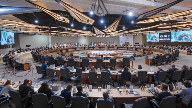 JOHANNESBURG, SOUTH AFRICA - NOVEMBER 22: (----EDITORIAL USE ONLY - MANDATORY CREDIT - 'TURKISH PRESIDENCY / MUSTAFA KAMACI / HANDOUT' - NO MARKETING NO ADVERTISING CAMPAIGNS - DISTRIBUTED AS A SERVICE TO CLIENTS----) A general view shows delegates attending the opening session of the G20 Leaders Su