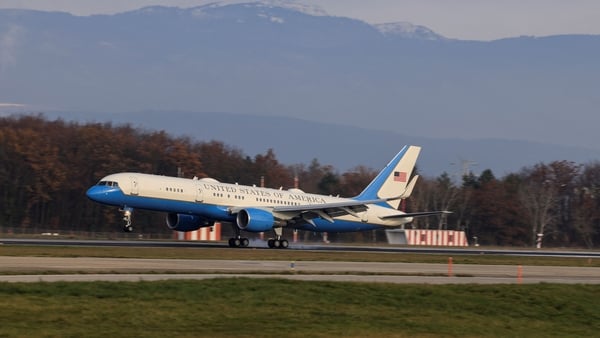 A plane to be transporting a US delegation including US Secretary of State Marco Rubio, lands at Geneva airport