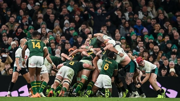 22 November 2025; A general view of a scrum during the Quilter Nations Series 2025 match between Ireland and South Africa at the Aviva Stadium in Dublin. Photo by David Fitzgerald/Sportsfile