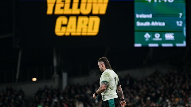 22 November 2025; Andrew Porter of Ireland leaves the pitch after being shown a yellow card during the Quilter Nations Series 2025 match between Ireland and South Africa at the Aviva Stadium in Dublin. Photo by Ramsey Cardy/Sportsfile