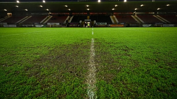 23 November 2025; A view of the pitch conditions after the abandoment of the AIB Ulster GAA Football Senior Club Championship semi-final match between Scotstown and Newbridge at O'Neill's Healy Park in Omagh, Tyrone. Photo by Ben McShane/Sportsfile