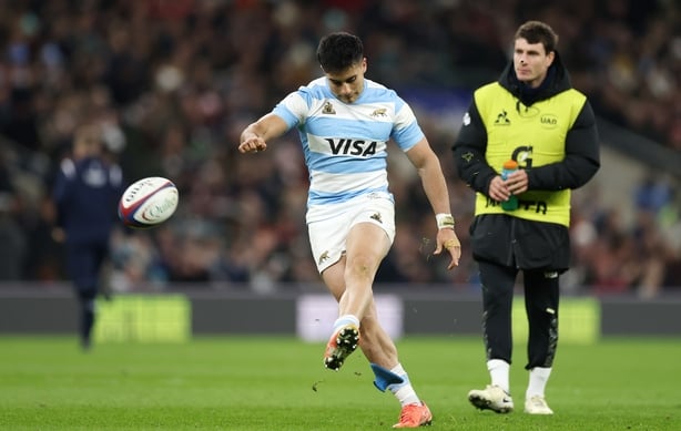 Tomas Albornoz of Argentina kicks a conversion during the Quilter Nations Series 2025 rugby international match between England and Argentina at Allianz Stadium on November 23, 2025 in London