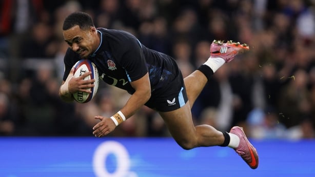 England's Max Ojomoh scores his sides first try during the Quilter Nations Series 2025 rugby international match between England and Argentina at Allianz Stadium on November 23, 2025 
