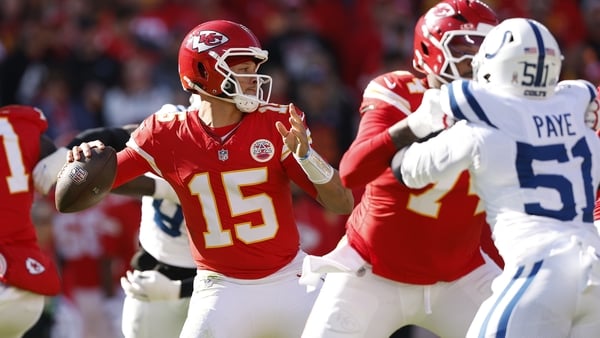 KANSAS CITY, MO - NOVEMBER 23: Kansas City Chiefs quarterback Patrick Mahomes (15) looks down field for a receiver during an NFL game between the Indianapolis Colts and the Kansas City Chiefs on November 23, 2025 at GEHA Field at Arrowhead Stadium in Kans