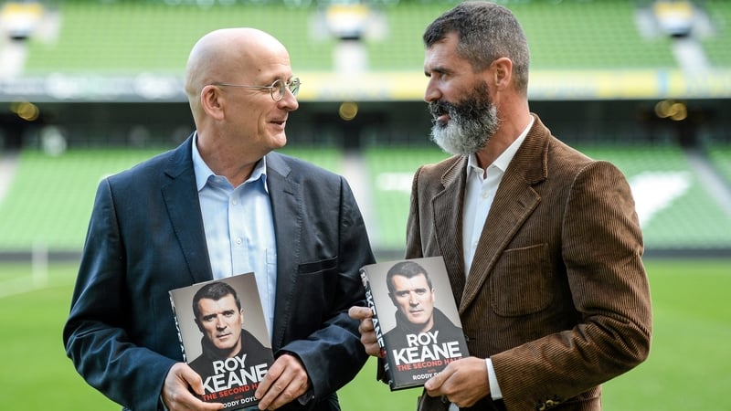 Roddy Doyle and Roy Keane at the launch of Keane's autobiography, The Second Half, at the Aviva Stadium, Dublin in October 2014