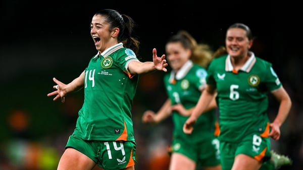 24 October 2025; Marissa Sheva of Republic of Ireland celebrates after scoring her side's fourth goal during the UEFA Women's Nations League A/B promotion/relegation play-off first leg match between Republic of Ireland and Belgium at the Aviva Stadium in
