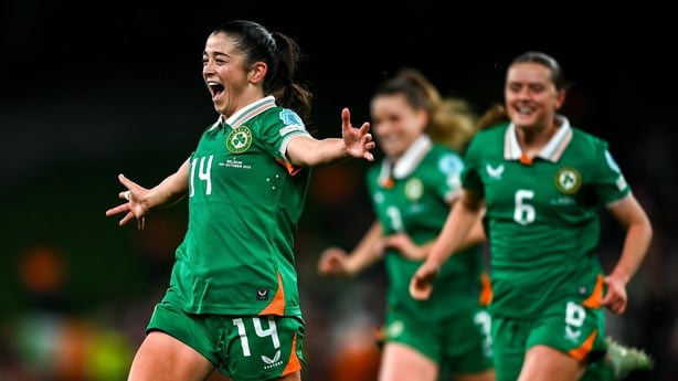 24 October 2025; Marissa Sheva of Republic of Ireland celebrates after scoring her side's fourth goal during the UEFA Women's Nations League A/B promotion/relegation play-off first leg match between Republic of Ireland and Belgium at the Aviva Stadium in Dublin. Photo by Stephen McCarthy/Sportsfile