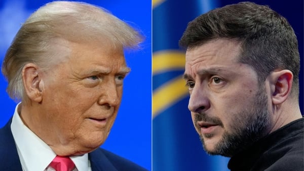 (COMBO) This combination of pictures created on February 25, 2025 shows US President Donald Trump (L) on February 22, 2025, and Ukraine's President Volodymyr Zelensky (R) on February 23, 2025. Ukraine has agreed on the terms of a minerals deal with the Un