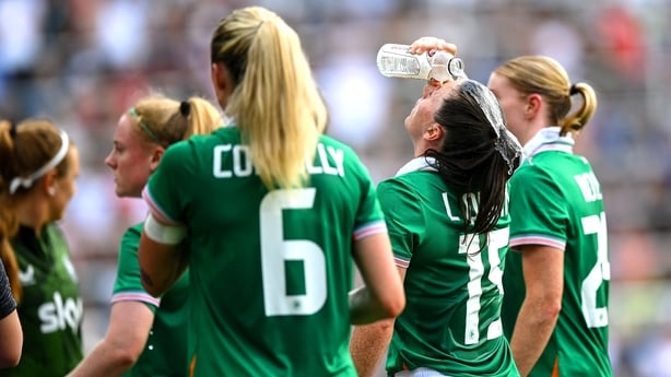 29 June 2025; Lucy Quinn of Republic of Ireland cools off in the water break during the women's international friendly match between the USA and Republic of Ireland at TQL Stadium in Cincinnati, Ohio, USA. Photo by Stephen McCarthy/Sportsfile
