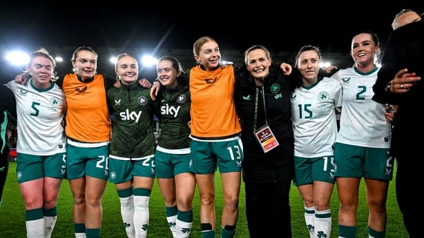 28 October 2025; Republic of Ireland players, from left, Aoife Mannion, Saoirse Noonan, Izzy Atkinson, Tyler Toland, Hayley Nolan, team operations coordinator Denise McElhinney, Lucy Quinn and Jessie Stapleton after the UEFA Women's Nations League A/B promotion/relegation play-off second leg match b