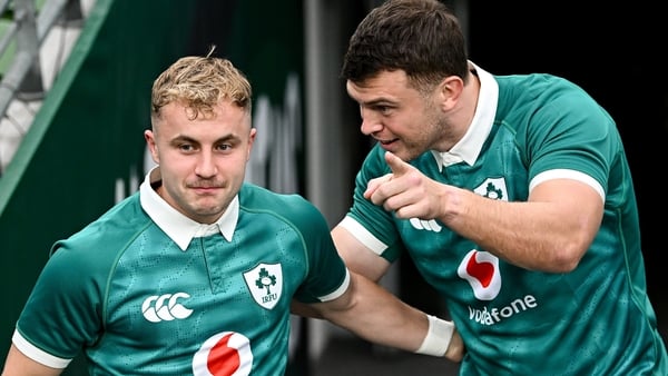 7 November 2025; Craig Casey, left, and Tom Farrell before an Ireland Rugby captain's run at the Aviva Stadium in Dublin. Photo by Seb Daly/Sportsfile