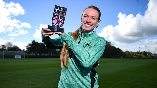 22 October 2025; Republic of Ireland and Athlone Town's Kelly Brady with her SSE Airtricity Women’s Premier Division Player of the Month Award for October 2025 at the FAI National Training Centre in Abbotstown, Dublin. Photo by Stephen McCarthy/Sportsfile