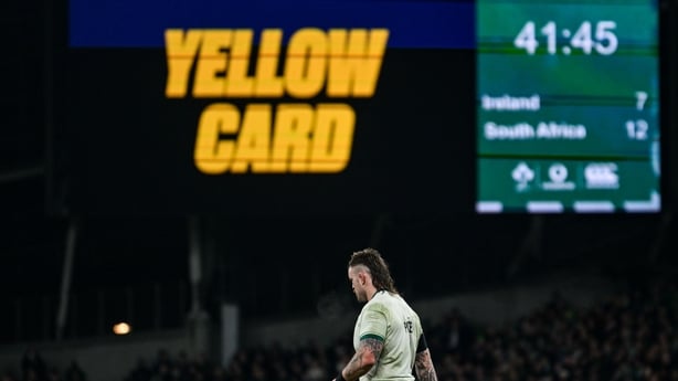 Andrew Porter of Ireland leaves the pitch after being shown a yellow card during the Quilter Nations Series 2025 match between Ireland and South Africa at the Aviva Stadium in Dublin. Photo by Ramsey Cardy/Sportsfile
