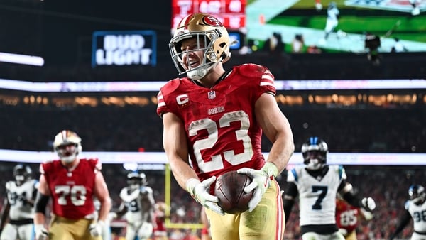 Christian McCaffrey of the San Francisco 49ers runs into the end zone for a touchdown in the third quarter