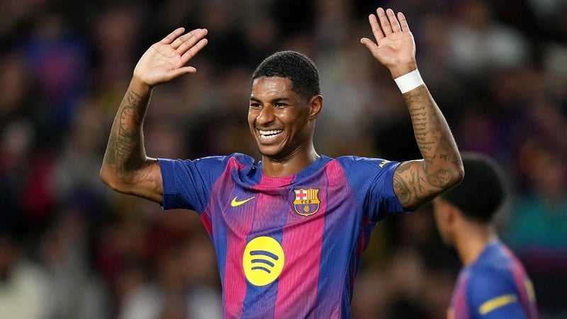 Marcus Rashford celebrates scoring for Barcelona against Elche earlier this month