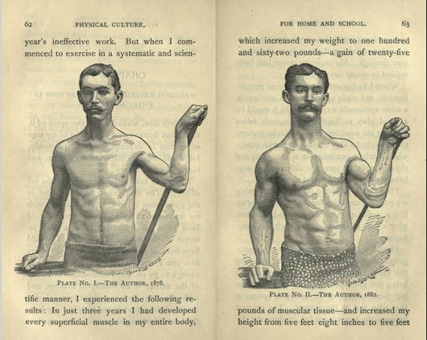 Professor D.L. Dowd exhibiting an early 'before/after' promotion for his physical culture system.