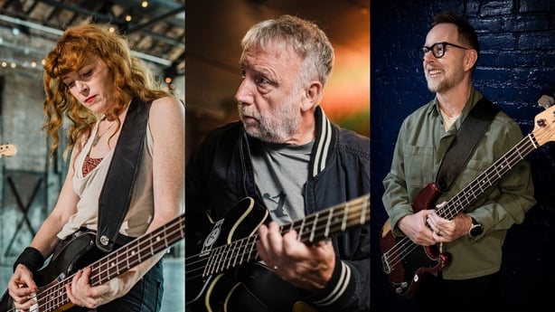 L-R: Melissa Auf der Maur, Peter Hook and Nate Mendel in a still image for the documentary series Greatest Bassline