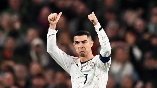 13 November 2025; Cristiano Ronaldo of Portugal reacts after being send off during the FIFA World Cup 2026 Group F Qualifier match between Republic of Ireland and Portugal at the Aviva Stadium in Dublin. Photo by Ben McShane/Sportsfile