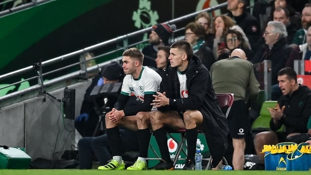 22 November 2025; Jack Crowley, left, and Sam Prendergast of Ireland sit on the bench after both recieved yellow cards during the Quilter Nations Series 2025 match between Ireland and South Africa at the Aviva Stadium in Dublin. Photo by David Fitzgerald/Sportsfile