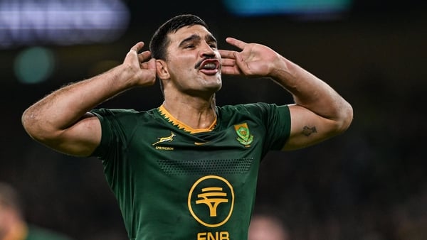 22 November 2025; Damian de Allende of South Africa celebrates during the Quilter Nations Series 2025 match between Ireland and South Africa at the Aviva Stadium in Dublin. Photo by Ramsey Cardy/Sportsfile