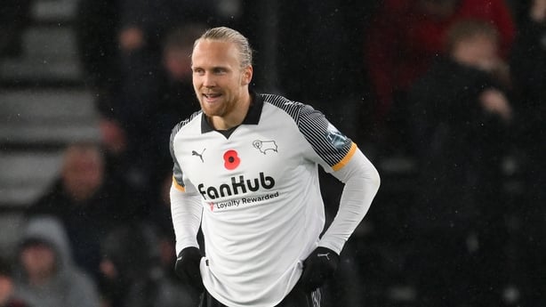 Lars-Jorgen Salvesen of Derby County smiles after scoring a goal to make it 2-1 during the Sky Bet Championship match between Derby County and Hull City at Pride Park in Derby, on November 4, 2025. 