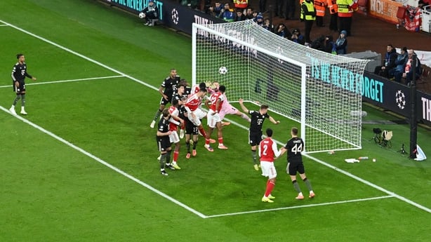 Jurrien Timber of Arsenal scores his team's first goal during the UEFA Champions League 2025/26 League Phase MD5 match between Arsenal FC and FC Bayern München at Arsenal Stadium on November 26, 2025 in London, England. 