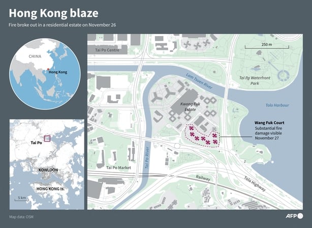 Infographic map showing the neighbourhood in Hong Kong where a deadly fire broke out. 