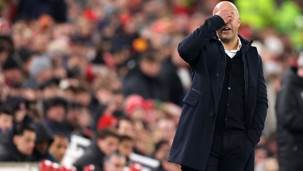 LIVERPOOL, ENGLAND - NOVEMBER 26: Arne Slot, Manager of Liverpool, reacts during the UEFA Champions League 2025/26 League Phase MD5 match between Liverpool FC and PSV Eindhoven at Anfield on November 26, 2025 in Liverpool, England. (Photo by Carl Recine/G